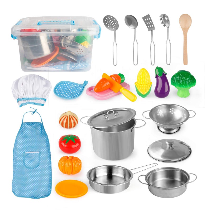 D-FantiX Play Kitchen Accessories  Kids Play Pots and Pans Playset with Mini Stainless Steel Pretend Play Cooking Toys  Cookware Utensils  Apron and Chef Hat  Cutting Food for Toddler Boys Girls - Image 1